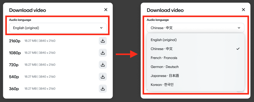 Uma imagem de dois painéis mostra o processo de seleção de um idioma de áudio para o download do vídeo. O painel esquerdo mostra uma caixa de diálogo "Baixar vídeo" com um menu suspenso "Idioma do áudio" definido como "Ingês (original)". O painel direito, indicado por uma seta azul, mostra a mesma caixa de diálogo com o menu suspenso expandido, revelando uma lista de idiomas disponíveis, incluindo inglês, chinês, francês, alemão, japonês e coreano.