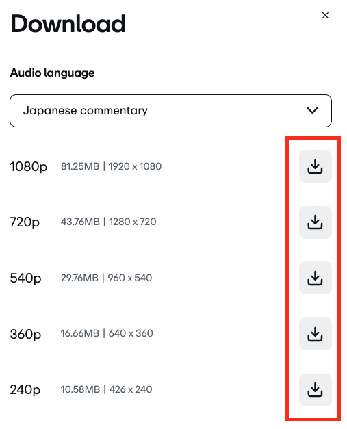 Une boîte de dialogue « Télécharger » affiche la « Langue audio » définie sur « Commentaire japonais ». En dessous, une liste d'options de résolution vidéo est affichée, de 1080p à 240p, chacune avec sa taille de fichier et ses dimensions correspondantes. Les icônes de téléchargement à côté de chaque résolution sont mises en évidence, indiquant qu'il s'agit d'options sélectionnables pour télécharger la vidéo dans différentes qualités.