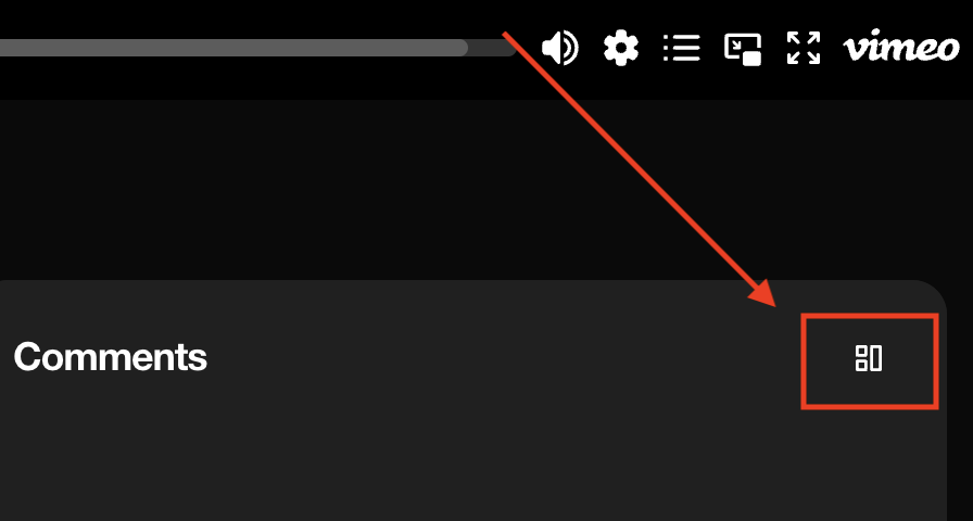 A red arrow pointing to an icon button next to the "Comments" section of a video player.