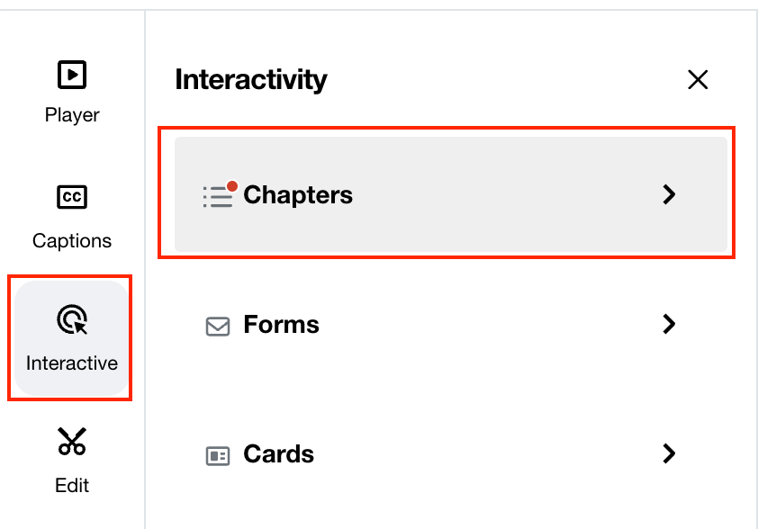 A section of the left-side toolbar of the video settings page. The 'Interactive' button is selected, expanding an 'Interactivity' panel. The 'Chapters' option is selected.
