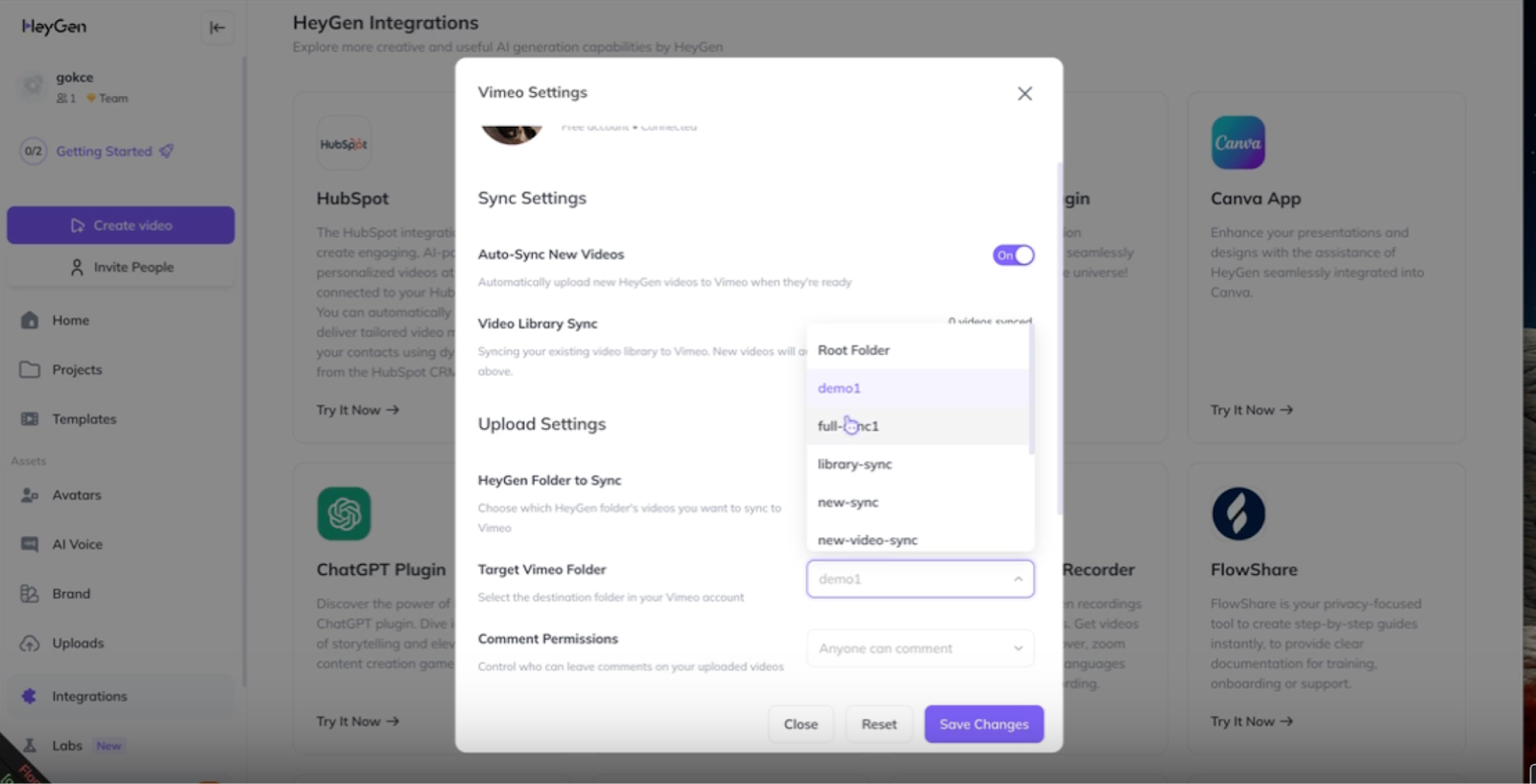 The HeyGen interface with the Vimeo Settings modal window overlaying the page. It shows the Auto-Sync New Videos toggle set to on, and the target vimeo folder open. A Save Changes button is in the lower right corner of the window.