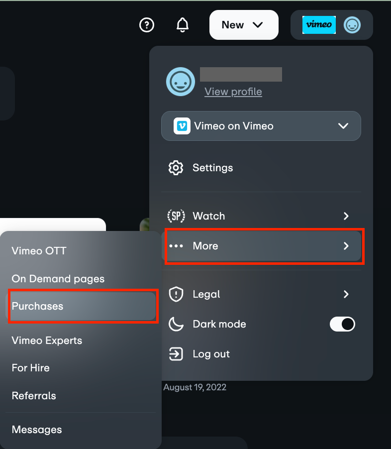Image of a user interface, showing a Vimeo profile icon in the top right corner with a dropdown menu expanded below it. The menu displays options such as "Watchlist," "Likes," "Collections," "Purchases," and "Settings." The "Purchases" option is highlighted.
