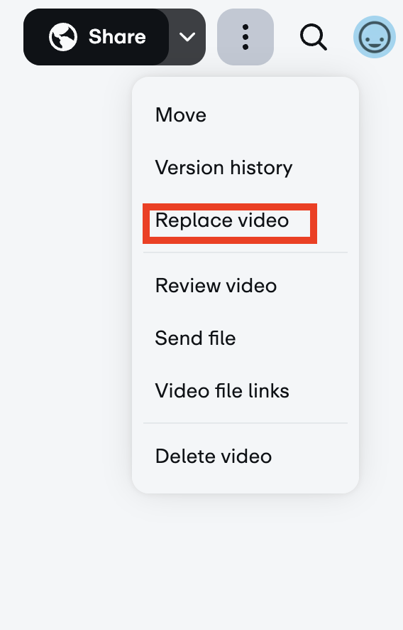 Das Dropdown-Menü zeigt verschiedene Optionen für die Videoverwaltung. Die Option „Video ersetzen“ ist mit einem roter Umrandung hervorgehoben, die ihre Funktion zum Austauschen der Videodatei anzeigt.