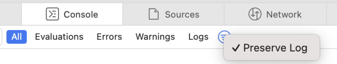 The Console tab in Safari with the additional options menu open. The Preserve Log option is checked.