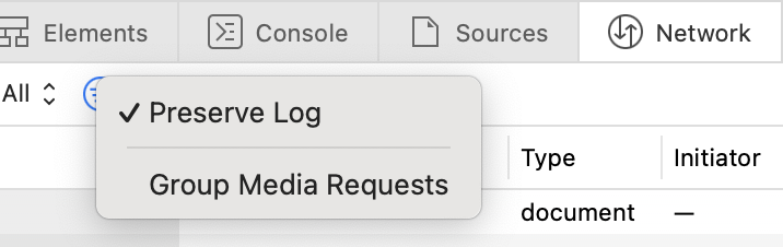 The Network tab in Safari with the additional options menu open. The Preserve Log option is checked.