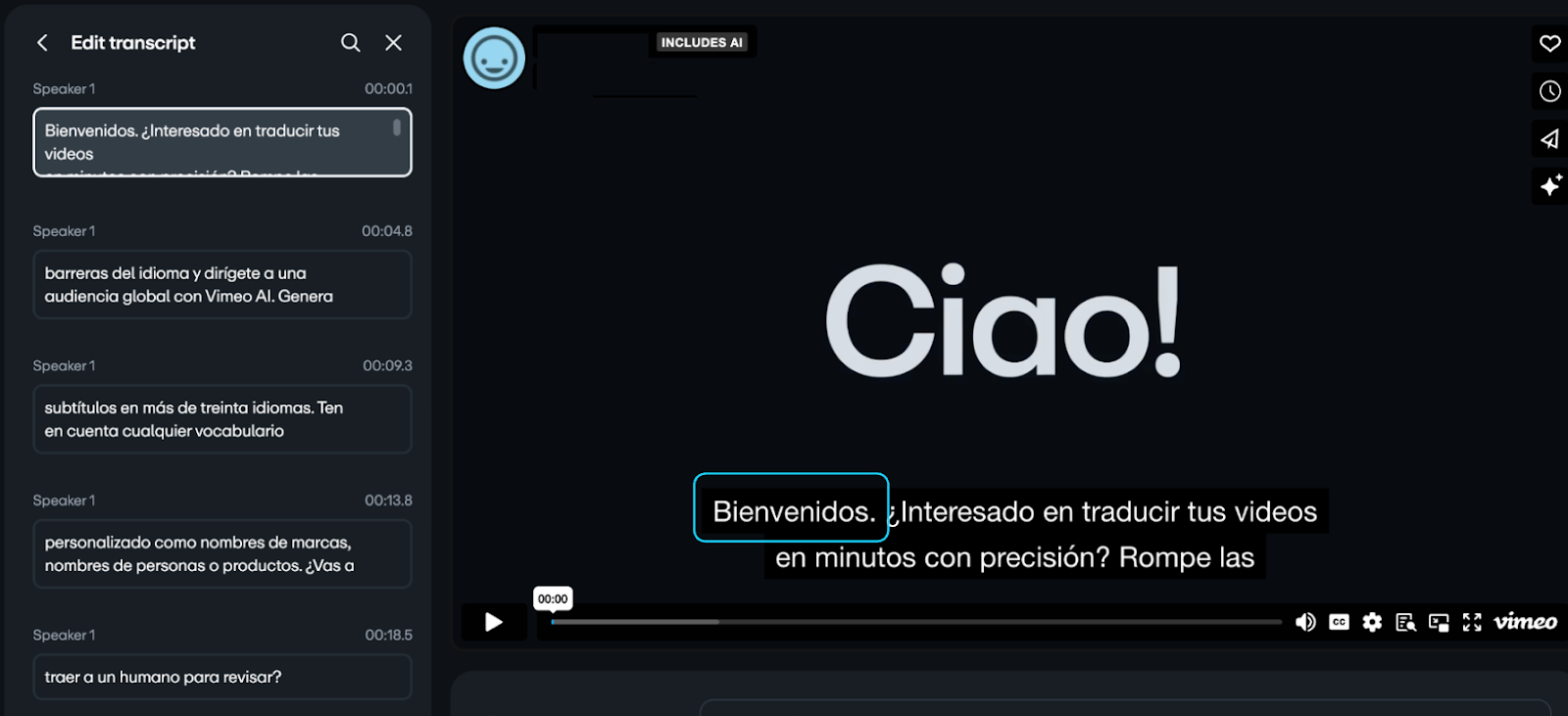 The subtitles in the video on the right side match the transcript shown in the panel on the left, reflecting the edits made.