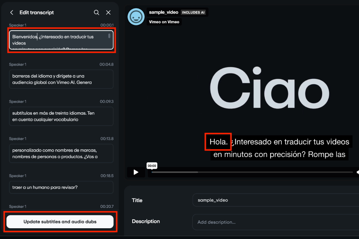 The transcript on the left panel shows a typing cursor editing text while the subtitles in the video show the original text. At the bottom of the transcript panel there is a button that says 'Update subtitles and audio dubs."