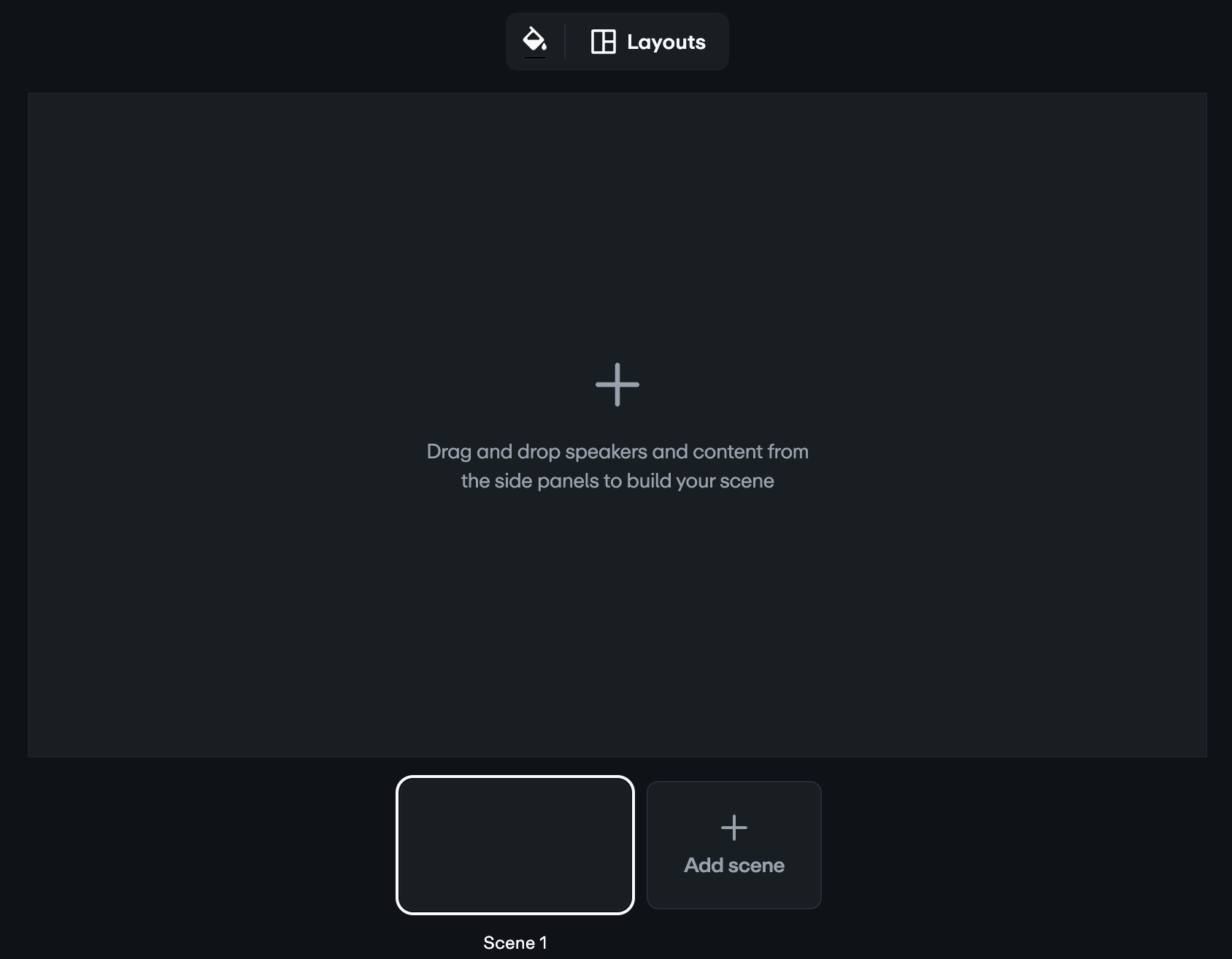 O palco do estúdio de produção ao vivo online. A barra de ferramentas para alterar a cor e o layout do fundo está na parte superior. Abaixo, há uma tela vazia. Abaixo, está o selecionador de cena, mostrando uma única cena, mais a opção de adicionar uma nova cena.