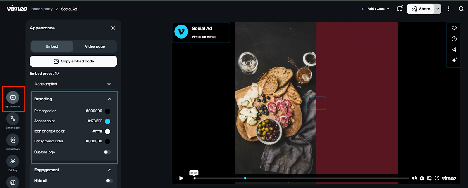 A screenshot of the Vimeo video editor interface. The left sidebar shows the **"Appearance"** section (highlighted by a red box around the icon) is active. The settings panel reveals a **"Branding"** section (also highlighted) with controls for **Primary color**, **Accent color ($#17D6FF$ is shown)**, **Icon and text color ($#FFFF$ is shown)**, **Background color**, and a toggle for **Custom logo**. A video player on the right shows a social ad with an image of charcuterie and bread, and a vertical bar of maroon color.