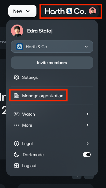 A user’s profile menu is expanded, illustrating the path to organization settings. In the header, the 'Harth & Co.' account button is highlighted with a red box. In the menu below, the 'Manage organization' option is also highlighted.