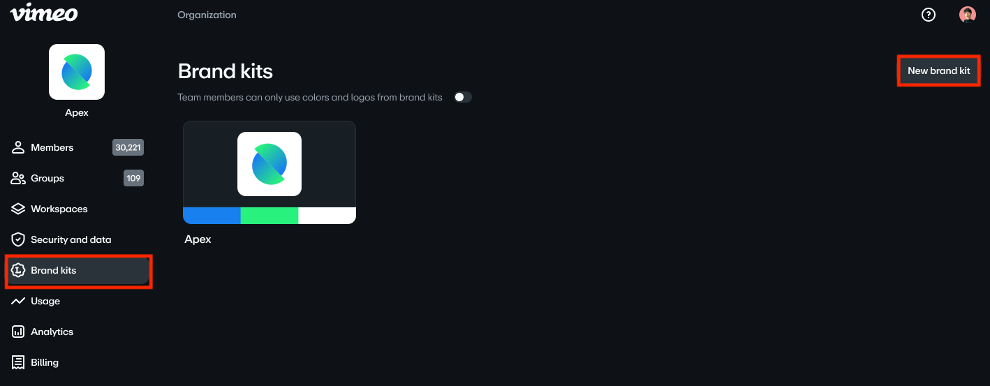 The "Brand kits" management screen. The "Brand kits" tab in the side navigation of the Organization Settings page is highlighted. In the main panel, which shows an existing brand kit,  the "New brand kit" button in the top-right corner is also highlighted.