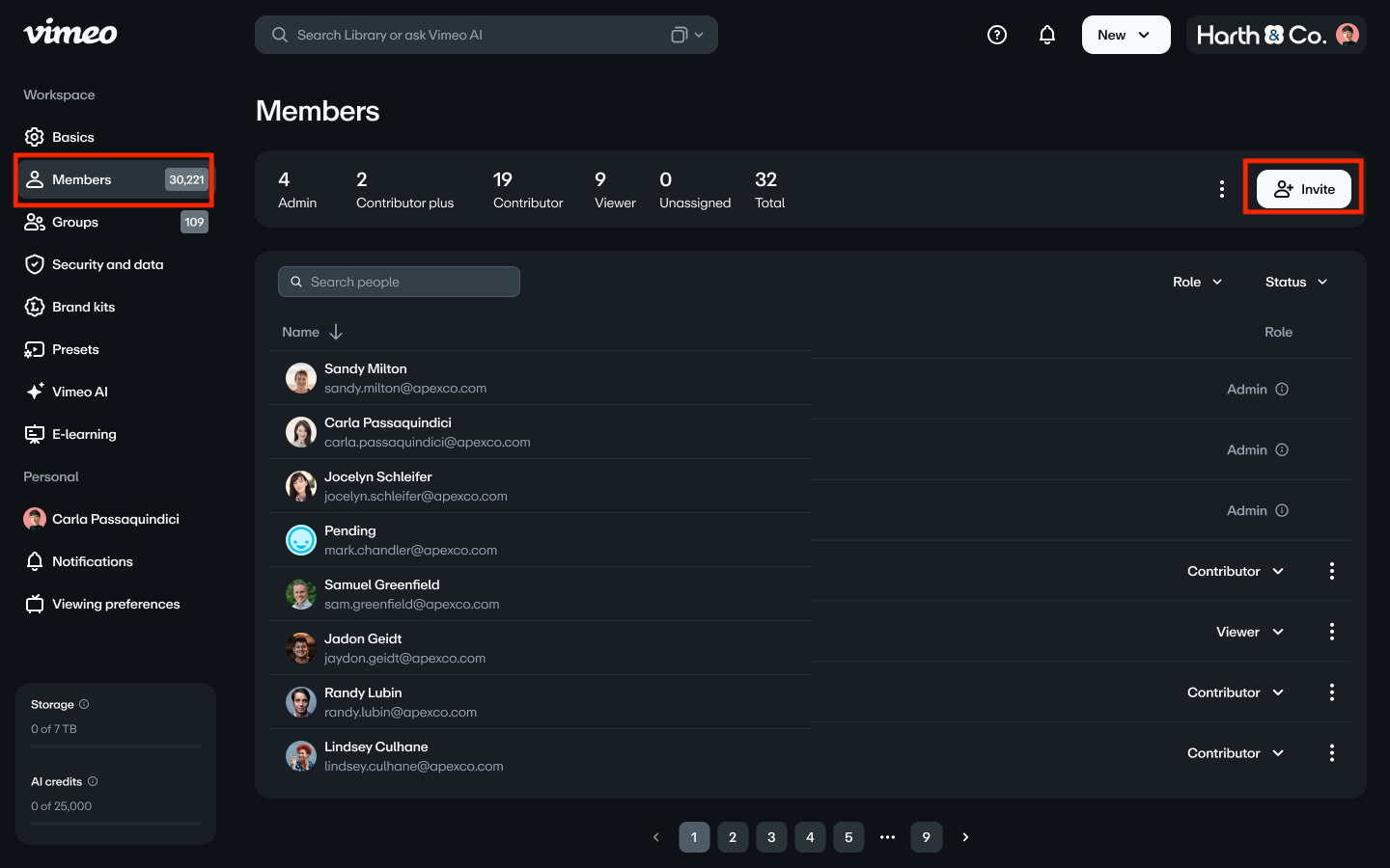 e "Members" management screen for a workspace. The "Members" tab in the side navigation is highlighted. The main panel displays a list of current members with their assigned roles, such as "Admin" and "Contributor." At the top-right of this panel, the "Invite" button is also highlighted.