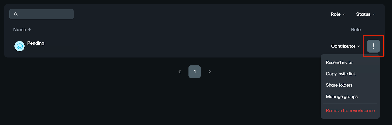 The "more options" menu for a "Pending" member invitation is open. It contains a list of actions including "Resend invite," "Copy invite link," "Share folders," "Manage groups," and "Remove from workspace."