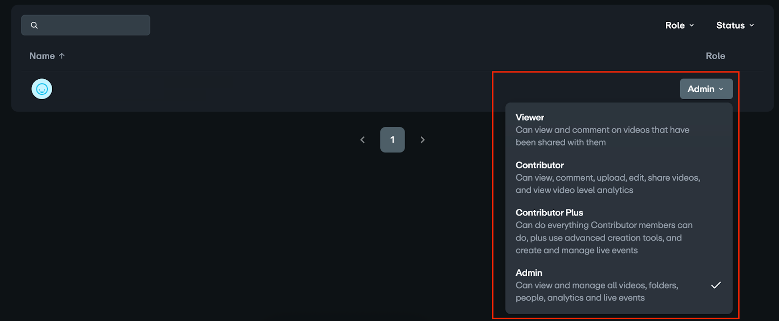 A dropdown menu for changing a user's role is open, showing four options. The currently selected role is "Admin," which allows full management. Other roles are "Viewer" (can view and comment), "Contributor" (can upload and edit), and "Contributor Plus" (adds advanced tools)