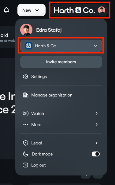 The user account menu, which has been opened from the "Harth & Co." button in the header. Red boxes highlight this header button and the "Harth & Co." organization switcher inside the menu, indicating where to change teams.