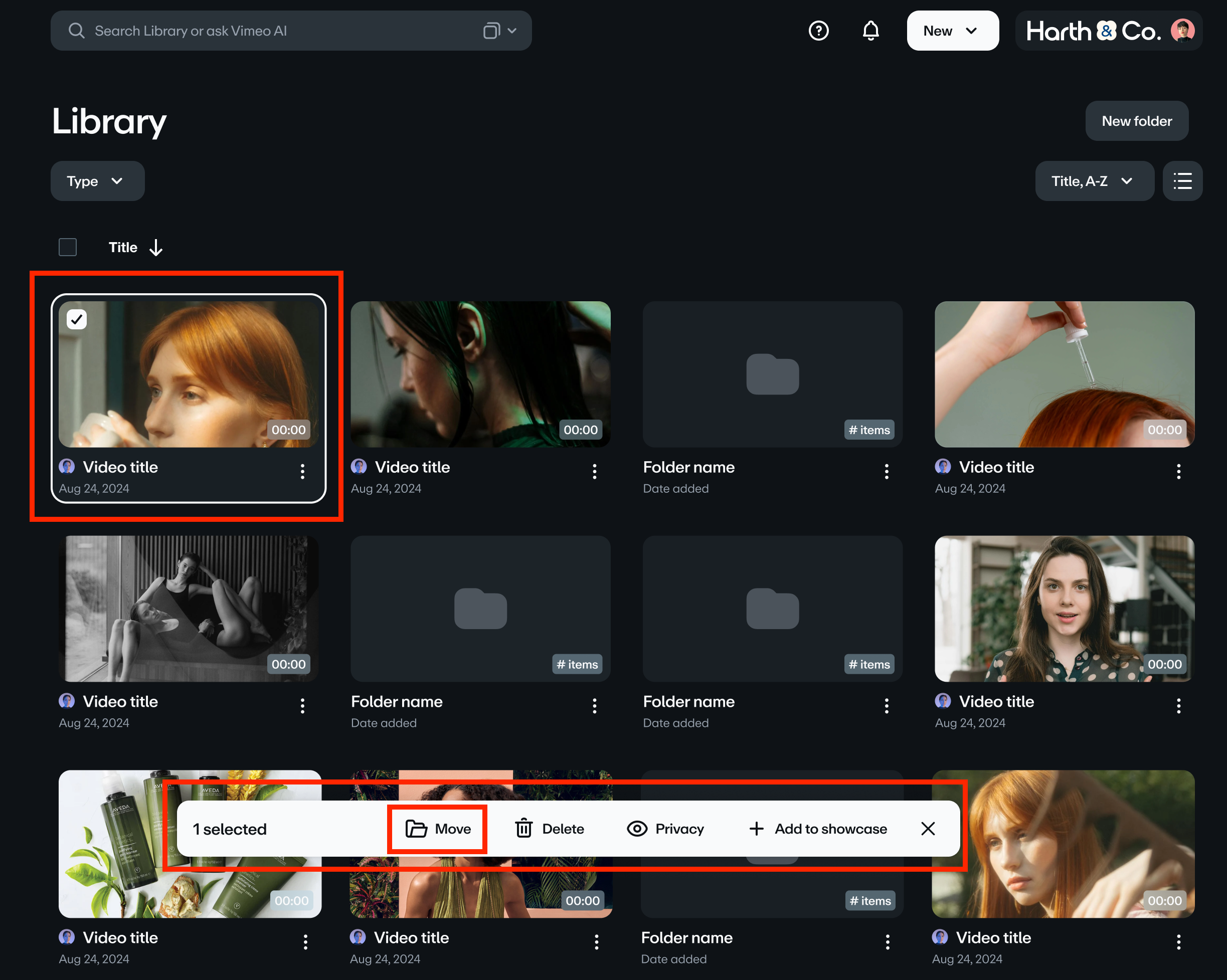 video library is displayed in a grid view. A single video has been selected, which is highlighted with a red box. This action has revealed a contextual menu bar at the bottom of the screen, also highlighted, which shows available actions like "Move," "Delete," "Privacy," and "Add to showcase."
