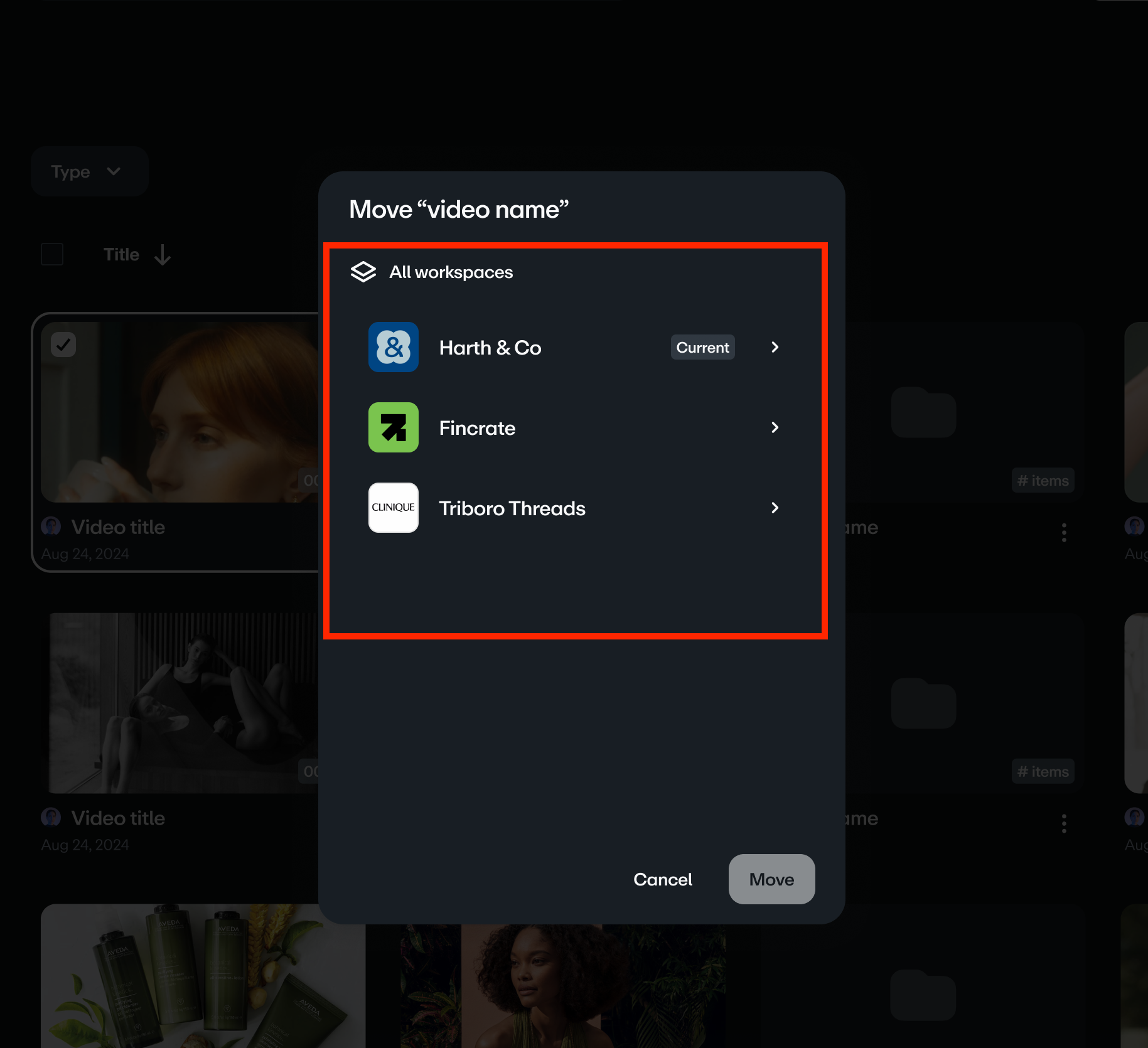 A "Move video" dialog box is open, showing a highlighted list of available workspaces. The list includes "Harth & Co," which is marked as the "Current" location. 