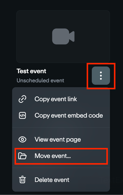 The "more options" menu for a "Test event" is open. Red boxes highlight both the three-dot icon that opens the menu and the "Move event..." option within it, showing the path to this action.