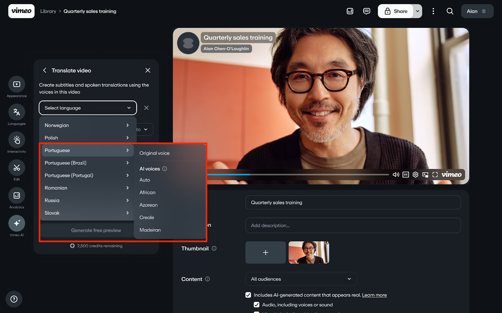 The "Translate video" menu is open, with a red box highlighting the language selection process. Choosing "Portuguese" from the main list has revealed a sub-menu with voice options. This sub-menu includes "Original voice" and a list of "AI voices" such as Azorean and Creole.