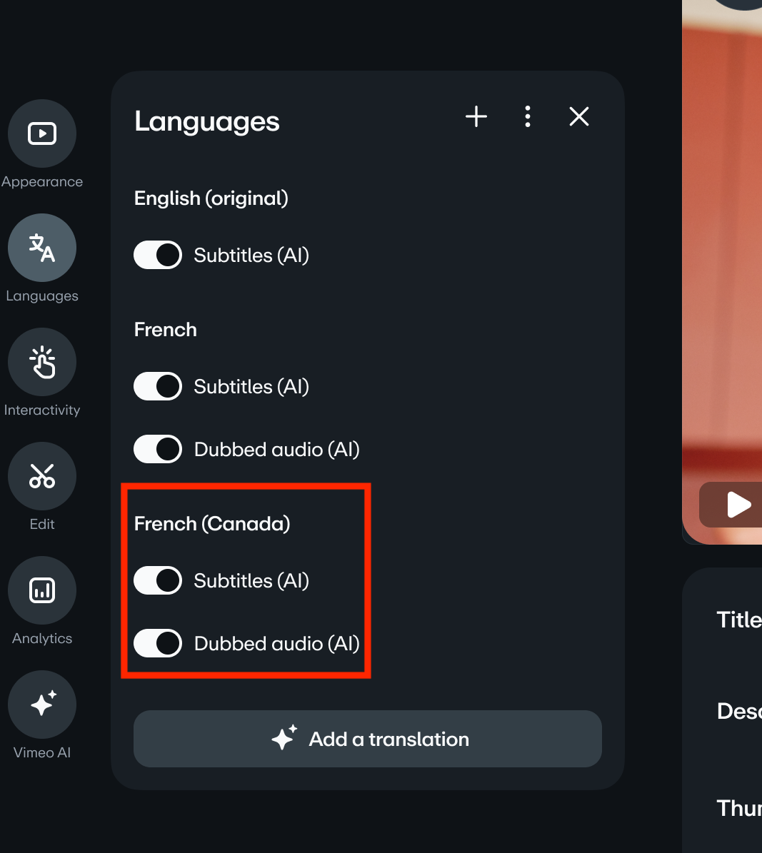 A list of language options for a video, including English and French. The section for "French (Canada)" is highlighted, showing individual toggles for AI-generated subtitles and dubbed audio.