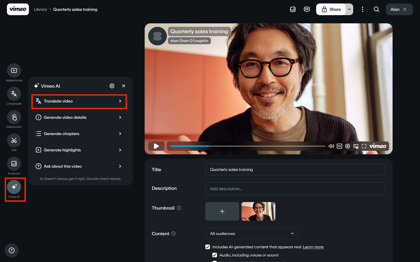 The video settings page, illustrating the path to translate a video. A red box highlights the "Vimeo AI" button in the left-side toolbar. In the expanded Vimeo AI menu, “Translate video” is selected.