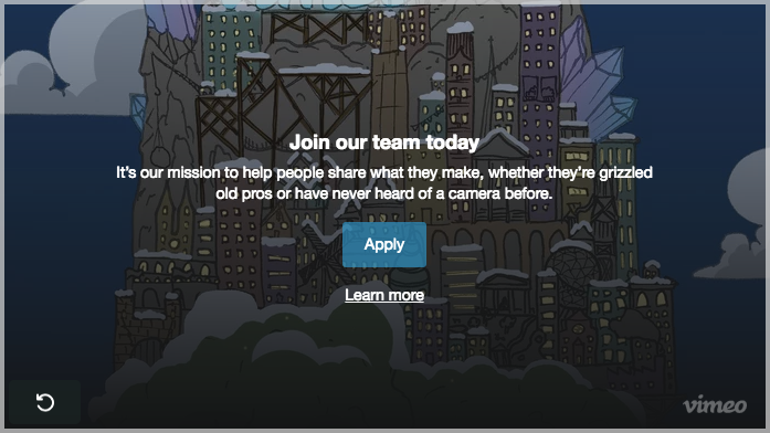 동영상에서 종료 화면의 예시입니다. 이 예시는 회사에 가입하는 방법에 대한 요약과 예시 회사에 지원할 수 있는 버튼을 보여줍니다.