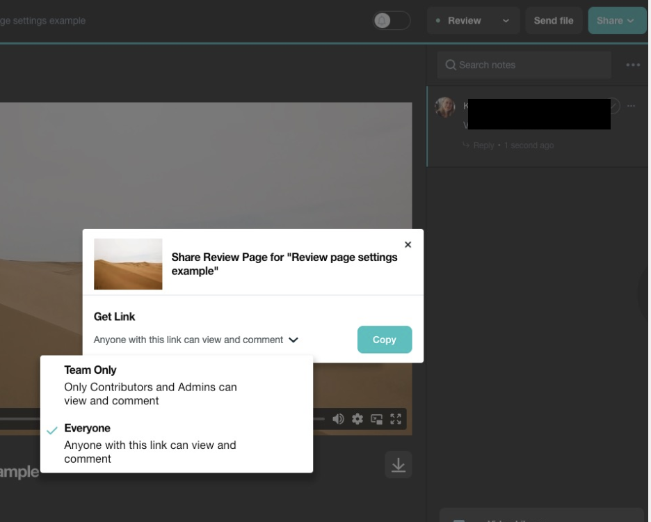Uma janela modal mostrando as configurações de compartilhamento da página de revisão . Um menu suspenso mostra duas opções, Somente equipe e Todos.