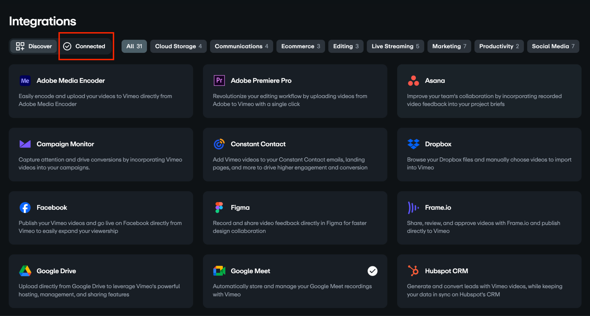 Una vista de cuadrícula de la página de integraciones de Vimeo, con la marca Conectado en un cuadro rojo en el panel de navegación superior.