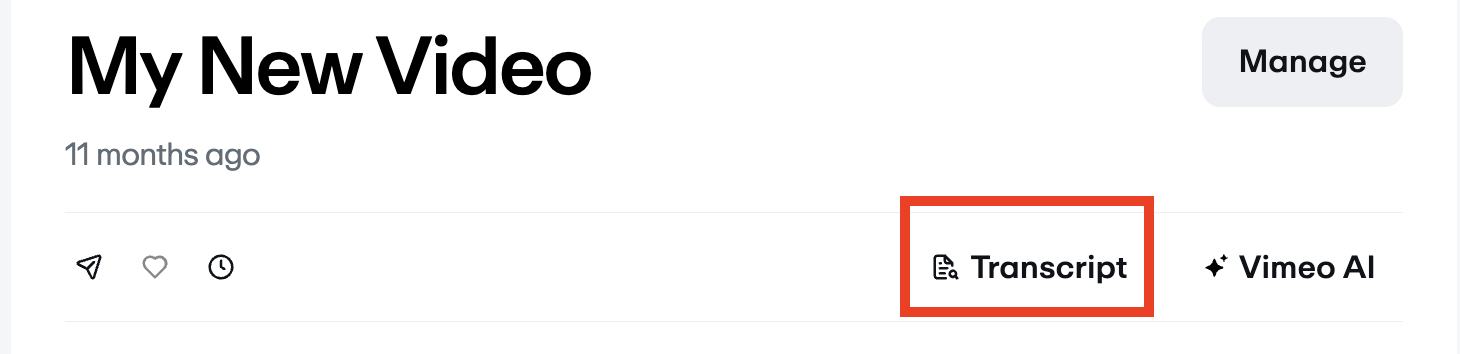'+ Vimeo AI' 링크 옆에 강조 표시된 '대본' 버튼이 강조 표시된 비디오 플레이어 아래에 비디오 옵션을 표시하는 설정 페이지입니다.