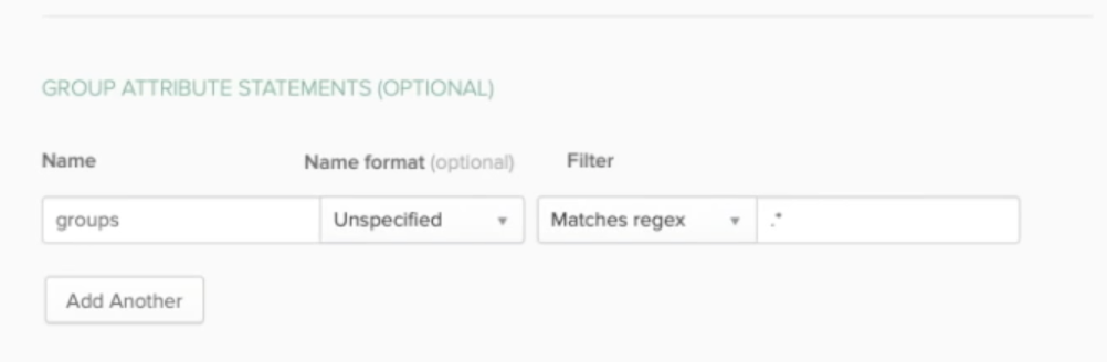 Screenshot from Okta attribute page with the word groups filled in under the Name space