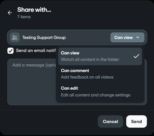 The share modal pop-up showing selected group and 'Can view' permission selected