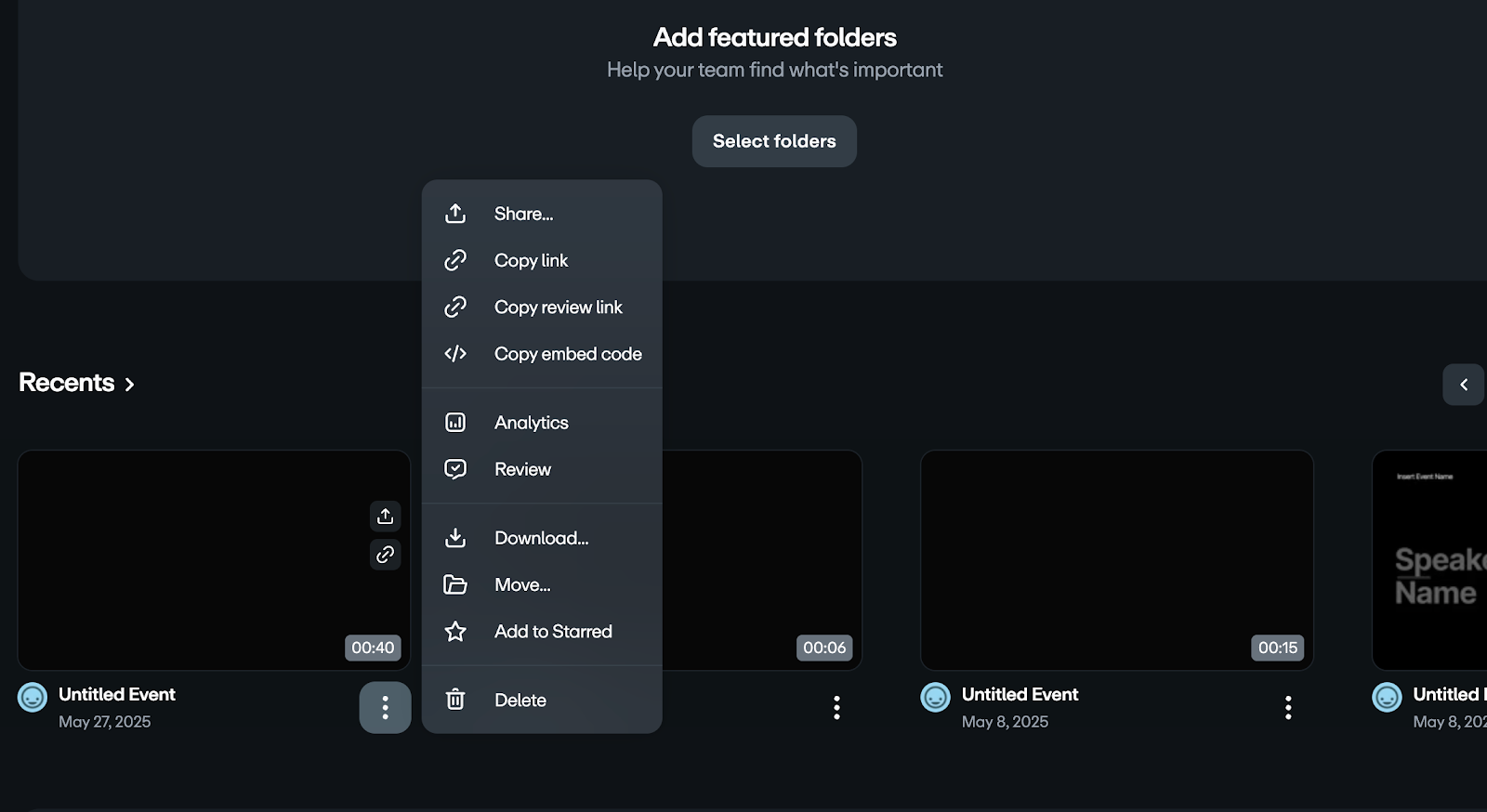 The library page with overflow menu selected for a specific video