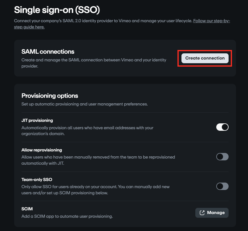Single sign on settings page with 'create connection' highlighted