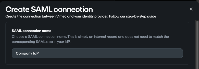 Create new SAML connection section with text space to type company name