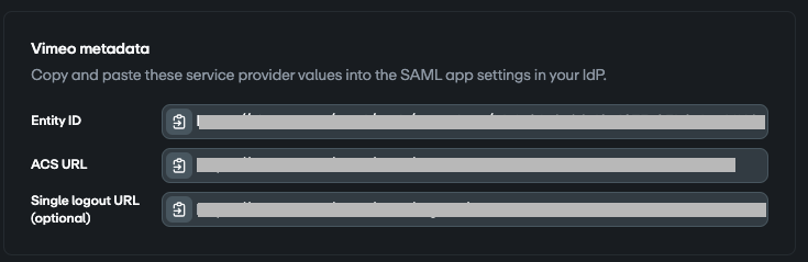 Metadata section with each service provider values listed