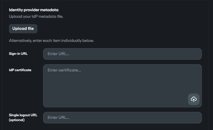 Identity provider metadata section with spaces for the necessary information