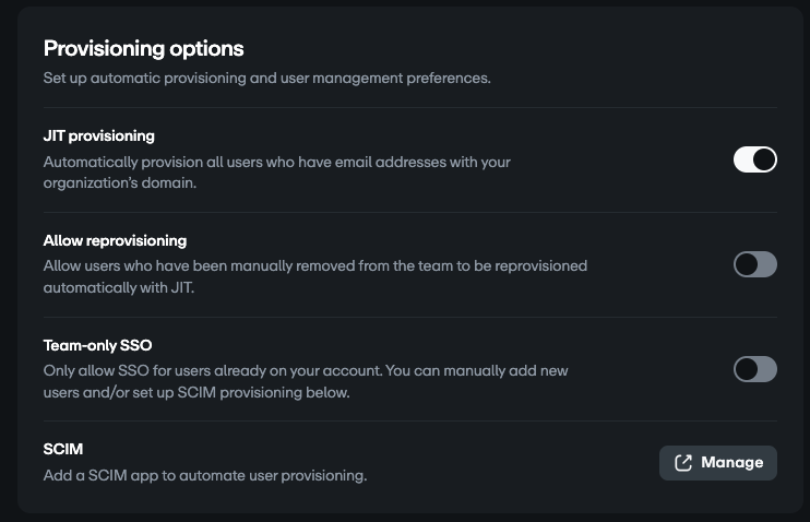 Different provisioning options with the toggle on the right side to enable or disable