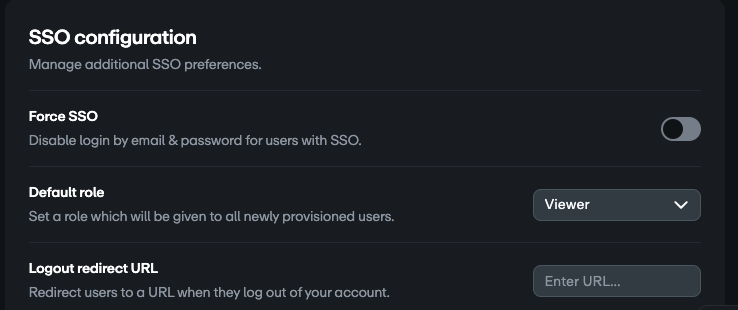 SSO configuration section with each option listed with a toggle and options on the right side