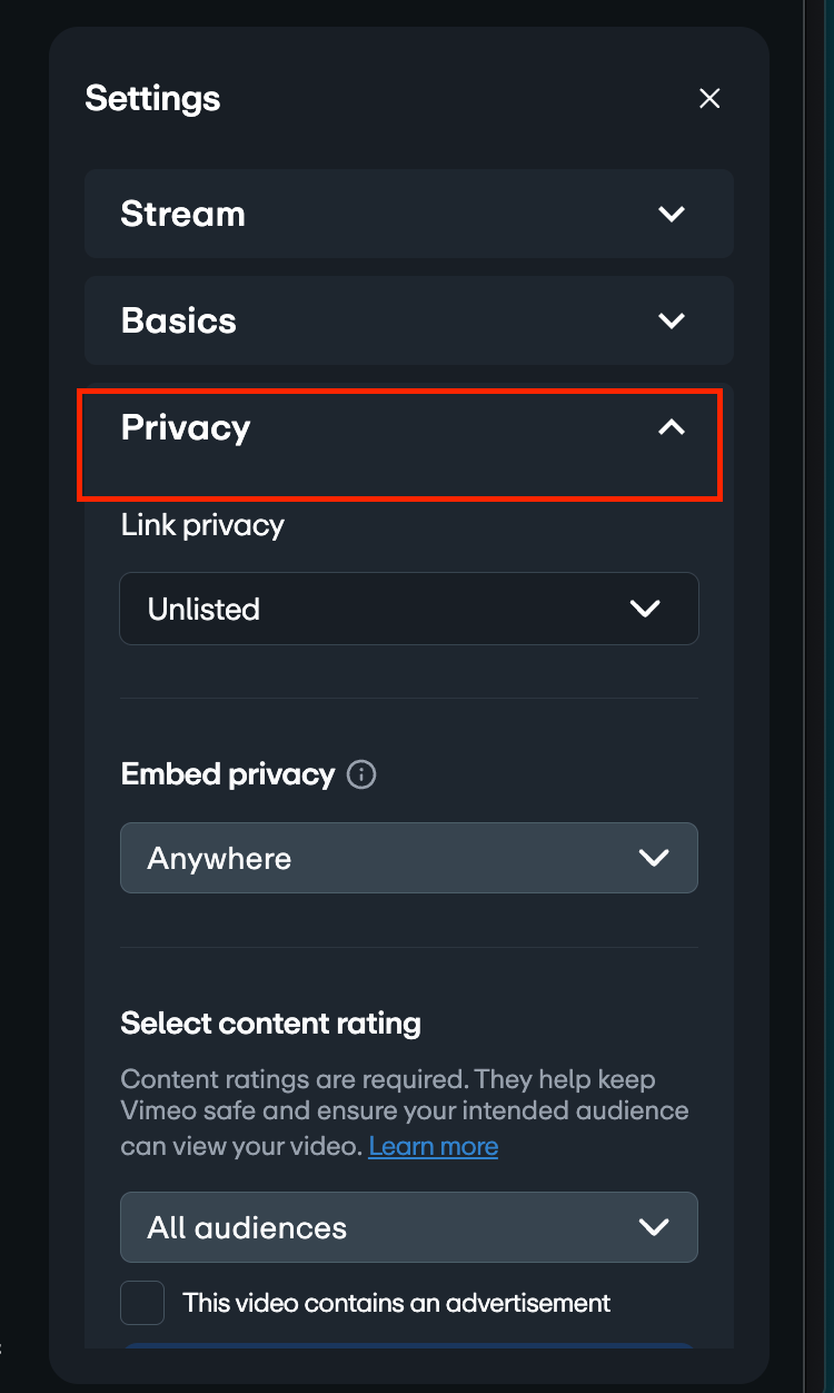 The "Settings" panel for a video, with the "Privacy" accordion menu highlighted and expanded. This reveals further settings for "Link privacy," "Embed privacy," and "Select content rating."