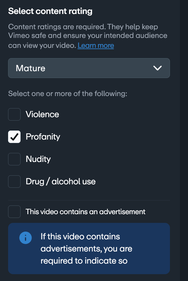 The "Select content rating" settings, with the "Mature" rating selected. This has revealed a list of specific content types, and "Profanity" is currently checked, while "Violence," "Nudity," and "Drug / alcohol use" are unchecked.