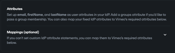 Secciones de atributos y asignaciones dentro de la página de configuración de Vimeo SSO
