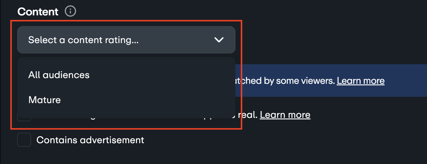 「コンテンツ」設定のドロップダウンメニューが開き、ハイライトされています。選択できるオプションは「すべての視聴者」と「成人向け」の2つです。