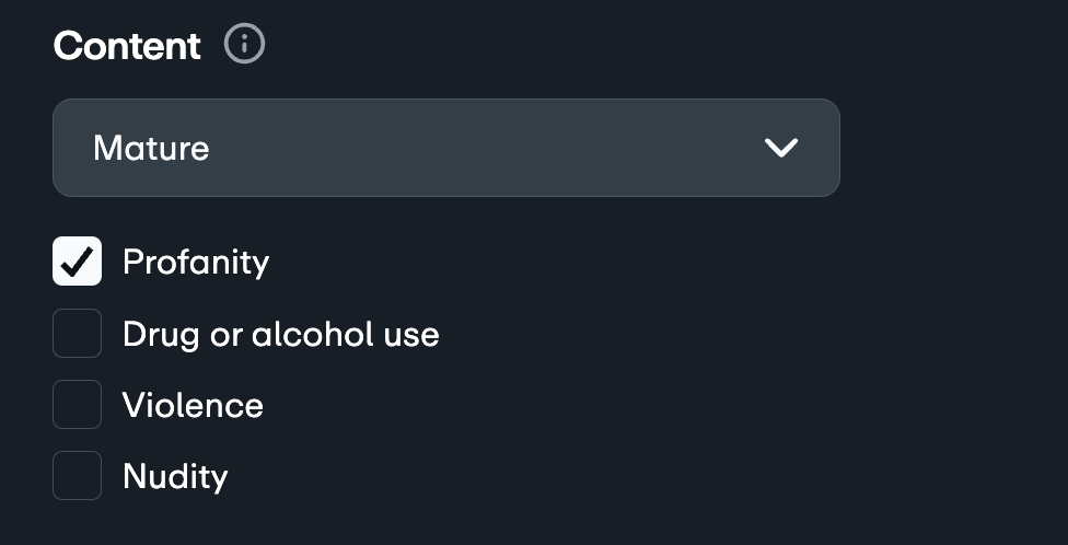 「成人向け」レーティングが選択された「コンテンツ」設定。特定のコンテンツタイプ用のチェックボックスのリストが表示され、現在「不適切な表現」はチェックされていますが、「薬物やアルコールの使用」、「暴力」、「ヌード」はチェックされていません。