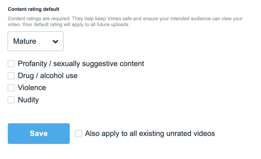 「コンテンツのレーティングのデフォルト」設定で、ドロップダウンメニューから「成人向け」が選択されています。この選択では、「不適切な表現/性的示唆を与えるコンテンツ」、「薬物/アルコールの使用」、「暴力」、「ヌード」など、特定のコンテンツタイプのチェックされていないオプションのリストが表示されます。