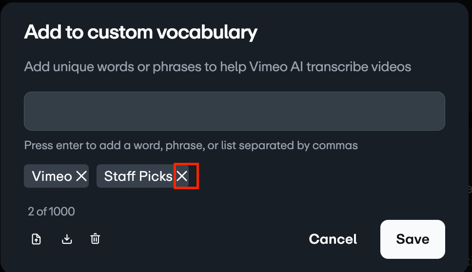 A dialog box titled 'Add to custom vocabulary' shows two existing word tags: 'Vimeo' and 'Staff Picks'. The 'X' icon used to remove the 'Staff Picks' tag is highlighted with a red outline, demonstrating how to delete an entry