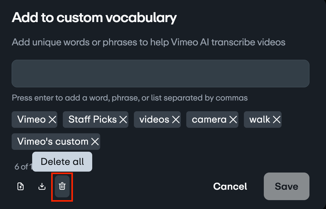 A dialog box titled 'Add to custom vocabulary' shows several word tags like 'Vimeo' and 'Staff Picks'. Below these tags, a trash can icon is highlighted with a red outline. A tooltip labeled 'Delete all' points to the icon, indicating the action to clear the entire vocabulary list