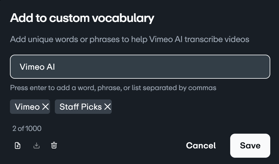 The "Add to custom vocabulary" menu where a user is adding "Vimeo AI" to a list of custom words. The list, which shows "2 of 1000" words, already includes "Vimeo" and "Staff Picks."