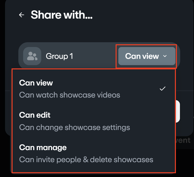 A "Share with" dialog box showing permissions for "Group 1" set to "Can view." An expanded dropdown menu shows three options: "Can view," "Can edit," and "Can manage," with "Can view" currently selected.