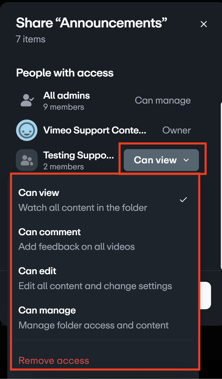 The "People with access" dialog box shows permissions for the a group. Their current permission, "Can view," is selected in an expanded dropdown menu which also lists the options "Can comment," "Can edit," "Can manage," and "Remove access."