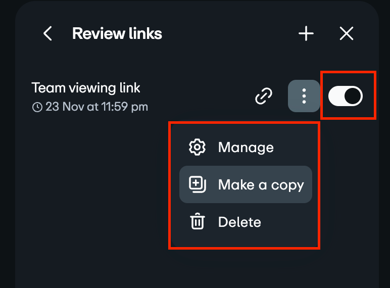 Review links" screen with a date-time stamp and a three-dot menu expanded to show 'Manage,' 'Make a copy,' and 'Delete' options.
